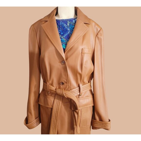 Brooks Brothers Tan Leather Belted Coat Size 10